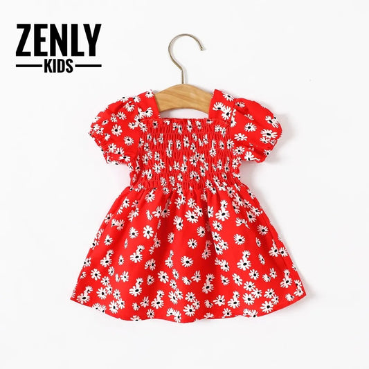 Robe froncée à manches bouffantes à imprimé floral et marguerite - KG