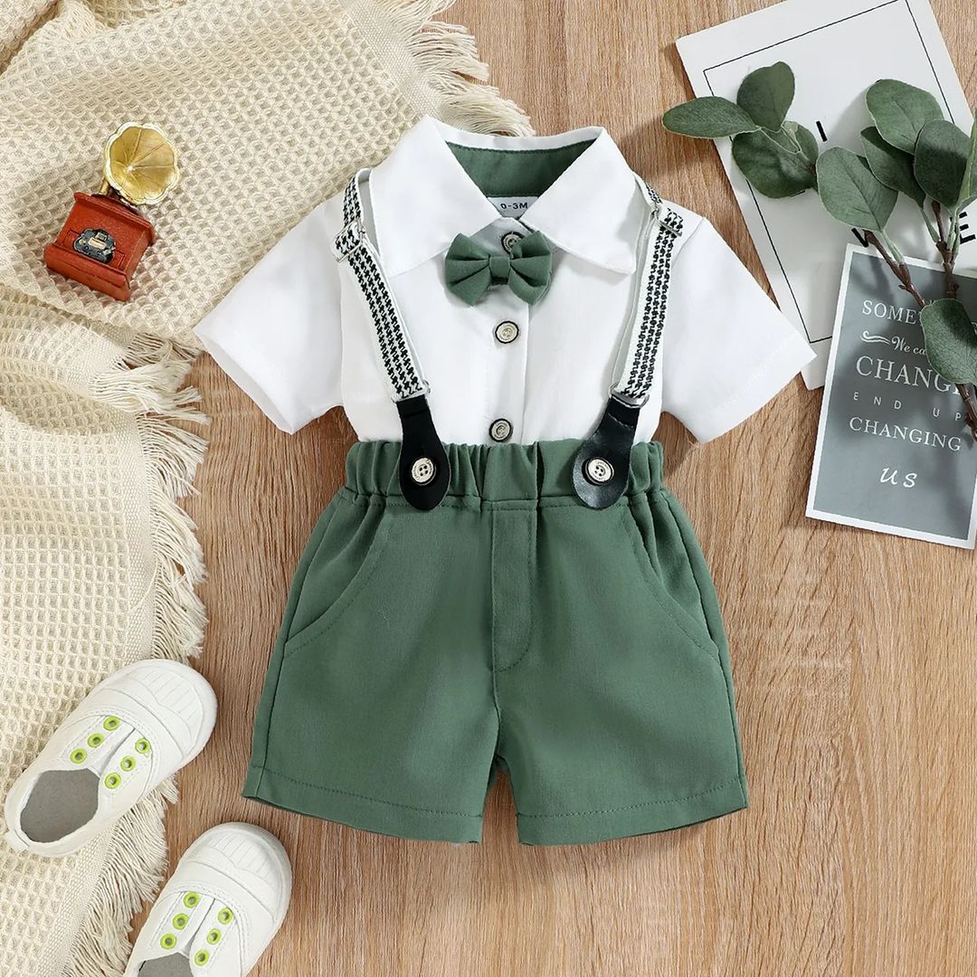 Ensemble chemise a nœud papillon et short a bretelles bebe garçon - PG